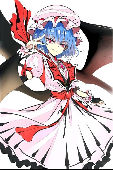 solo, 1girl, solo_focus, ((too many)):16, 
watercolor (medium), traditional media, 
remilia_scarlet_(koumajou_densetsu), solo, 1girl, smile, short_hair, shirt, red_eyes, bow, blush, hat, ribbon, dress, hair_ornament, frills, blue_hair, jewelry, puffy_sleeves, short_sleeves, red_bow, wings, mob_cap, nail_polish, pink_eyes, flower, ascot, pantyhose, sidelocks, detached_sleeves, hat_ribbon, shoes, pointy_ears, grin, wrist_cuffs, bat_wings, sword, fingernails, white_headwear, black_pantyhose, high_heels, hat_bow, collar, fang, sash, black_gloves, choker, petals, white_dress, fingerless_gloves, polearm, lips, hair_flower, expressionless, frilled_sleeves, hat_flower, brooch, pink_dress, red_sash, armband, sharp_fingernails, frilled_dress, collared_dress, coat, wing_collar, red_footwear, spear_the_gungnir, long_fingernails, light_purple_hair, eyelashes, bridal_gauntlets, cross, clenched_teeth,