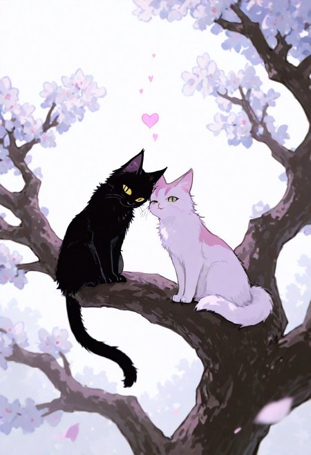 A monochromatic, black-and-white photograph of two cats sitting on a tree branch, facing each other in an intimate and harmonious pose. The left cat is black, while the right cat is white, creating a striking contrast. They are surrounded by delicate, blooming branches with small flowers, adding a serene and romantic atmosphere. The background is softly blurred, focusing the viewer's attention on the cats and their interaction. The lighting is soft, emphasizing the texture of their fur and the gentle ambiance of the scene.
<lora:Anime v1.3:1.2> <lora:Blue_Future:0.9> <lora:Ethereal Brush Anime v2.0:0.6> <lora:It's a LoRA for portraits, BUT! actually specialized in backgrounds. v1.0:0.2>,pink heart in front of them,  white sphere on the background