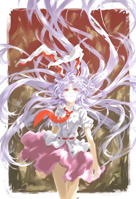 1girl, solo, long hair, reisen udongein inaba, necktie, animal ears, skirt, shirt, rabbit ears, red eyes, white shirt, red necktie, pink skirt, short sleeves, collared shirt, floating hair, very long hair, looking up, border, white border, purple hair <lora:YLXL_NBVP1_lokr_V6311P:0.95>