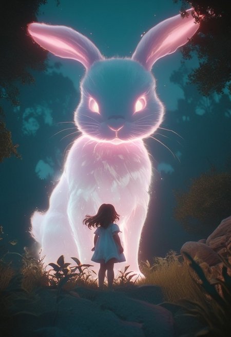 Bosstyle, Silhouette of a Cute Girl interacting with a giant ethereal Bunny Monster Boss resembling a gentle, celestial creature: Capture the essence of nostalgia and color in this vintage photograph. Dominating the scene is a meticulously detailed, translucent pastel-pink and white bunny, adorned with delicate, glowing patterns, blending seamlessly with its surroundings. Its large ears, composed of intricately woven ribbons in a spectrum of soft colors, droop gently, adding to the enchantment of the moment. Amidst the quietude of the night, its presence exudes a sense of mythical kindness and gentle power. Behind it, the low-toned hues of the Milky Way cast a mesmerizing backdrop, a cosmic tapestry weaving tales of both past and future. In this moment, the convergence of innocence and wonder, of ancient folklore and modern imagination, hangs palpably in the air. Atmospheric haze, Film grain, cinematic film still, shallow depth of field, highly detailed, high budget, cinemascope, moody, epic, OverallDetail, 2000s vintage RAW photo, photorealistic, candid camera, color graded cinematic, eye catchlights, atmospheric lighting, imperfections, natural, shallow dof