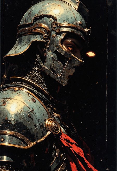 Retro dark fantasy, inspired by classic 80s fantasy illustrations with heavy grain, muted metallic tones, and deep shadows. The armor is rough, battle-worn iron with intricate engravings, glinting under dim, cold light. The palette consists of aged silver, dark steel, and muted crimson, with eerie, subtle highlights from an unseen flickering torchlight.
 A dramatic half-body portrait, heavily asymmetric. One side of the frame reveals the iron-clad King's Guard, his armor imposing and weighty, layered with thick plates and dark chainmail. His helmet is adorned with a ridged crest, obscuring most of his face except for a single, piercing eye that reflects the dim light. The other half of the frame is swallowed in absolute pitch-black shadow, consuming his form as if he is vanishing into darkness. The division is stark, making the contrast between presence and absence feel almost supernatural—does he stand at the threshold of reality itself, or is something lurking in the void beside him?