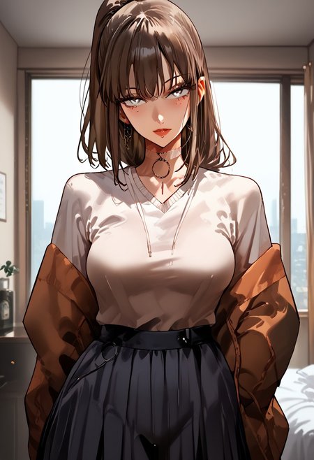 score_9, score_8_up, score_7_up, score_6_up, 1girl, micchan, mature women, older women, medium hair, side-swepped bangs, brown hair, ponytail, grey eyes,  medium breasts, pale skin, solo, alone, pullover, skirt, stockings
