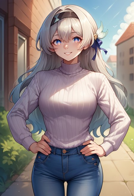 score_9, score_8_up, source_anime, 1girl, solo, FireflyHSR, blue pupils, long hair, black hairband, hair ornament, outdoors, sweater, ribbed sweater, jeans, hands on hips, smile, <lora:ChamFireflyV2PonyXL:1>