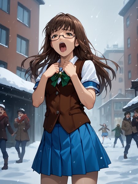 (cowboy shot, solo focus:1.2) <lora:happy_tentacle-hikaru-v0.2-000030:1>, ht_hikaru, glasses, under-rim eyewear, school uniform, blue skirt, brown vest, (petite:1.2), <lora:Shed_The_Skin's StS_age_slider_v1_initial_release:-1> ( (vest :1.1) :1.1) ( , , ( :1.2) , screaming , (looking at viewer:0.6) :1.2) , outdoors, vegetation, ( :1.1), winter, snow , (day :0.6), rain , (:0.5), (people, crowded, surrounded:1) , (modern architecture :0.9), (meadow :1.2) (( from below :1) :0.8) score_9, score_8_up, score_7_up, score_6_up, score_5_up, score_4_up, ( [(realistic, photorealistic:1.3):(realistic:1.2):12] [(3d:1.2)::1104] :1) <lora:LUUNA's Lunas-NijiJourney-SDXL-B2:0.35>, nijijourney <lora:prgfrg23's Counterfeit-V3.0 Style SDXL_LoRA_Pony Diffusion V6 XL:0.5> <lora:mfcg's mfcgXL:0.12> <lora:reweik's gyokai(himehajime)_PonyXL_style_v01:0.14>