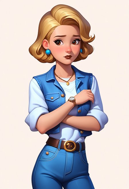 score_9, score_8_up, score_7_up, mercasg, BREAK 1girl, woman, young, solo, pretty, sad, upset, medium breasts, blonde hair, one bun on the head, bob cut, bob haircut, medium hair, brown eyes, brown lipstick, makeup, earrings in the form of blue feathers, boho necklace with brown lace and blue cabochon, denim vest with copper buttons, white shirt with loose sleeves rolled up to the elbow, cinnamon T-shirt tucked into denim blue trousers, black waist belt with a gold buckle, a watch on the left hand with a brown strap, bracelets on the right hand, BREAK hands down, left hand holding the right hand standing, cowboy shot, semi-sideways, half-sideways, looking down, BREAK simple background, white background