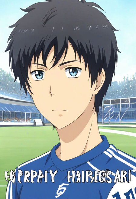 high resolution, solo, best quality, 1Boy, Arata Kaizaki, Black Hair, Blue Eyes, soccer player, field, portraits, sport photography, celebration, OverallDetail