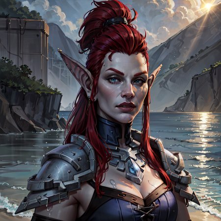 best quality, masterpiece, realistic, portrait,

water, ocean, waves, sunlight,

1girl, beautiful shewowtroll shaman, looking at viewer, grey skin, blue eyes, dark blue armored dress, red hair, mixed hair color, mohawk, 

 <lora:sxzTrollsWarcraft_sxzTrolls:0.8>
