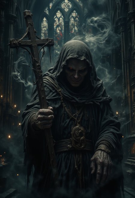 horror show, monster, nightmare, fear, Cinematic style
play of shadow and light, 
"An eerie, dark gothic scene featuring an elderly, haunted priest in an ancient, dimly lit cathedral. The priest, dressed in worn black robes, holds a weathered cross, with a look of grim determination and sorrow. His eyes glow ominously red, adding a supernatural and unsettling quality. Thick, swirling smoke surrounds him, and faint candlelight illuminates the stained glass windows in the background, casting ethereal colors into the otherwise shadowy atmosphere. In front of him, a grotesque figure or monstrous creature kneels, partially obscured by shadows and the smoky haze, evoking a feeling of dread and despair."