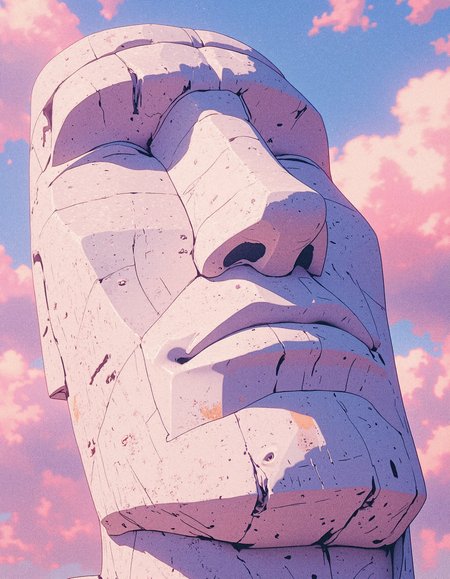 Ultra realistic render of a white marble Moai head, 8K, ray-traced, vapor wave color palette,  <lora:models\Flux\Hand v2:0.6>, <lora:models\Flux\niji_flux:0.8> niji_flux, <lora:models\Flux\NeonFantasyFLUX:0.35> ne0nfant4sy, <lora:models\Flux\RetroAnimeFluxV1:0.8>,,