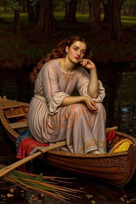 williamhhunt1 painting. 
jwwaterhouse1. A young woman seated on top of a colorful blanket inside a small ornate wooden boat. There are some reeds beside the boat. She wears a flowing, pale gown adorned with delicate floral patterns, her long, loose hair cascading around her shoulders. Her face is melancholic. There is a forest in the background.  <lora:williamhhunt1_cap_d6a3e9:1.0><lora:838095054859027874:0>
