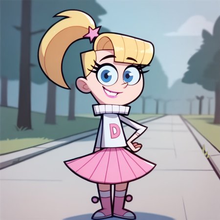 score_9, score_8_up, score_7_up BREAK VeroFOP, 1girl, blonde hair, blue eyes, ponytail, pink hairclip, pink lipstick, long-sleeve white turtleneck sweater with D-logo, pleated pink skirt, pink white boots, smiling at viewer, solo, solo focus, school outdoors, school background,