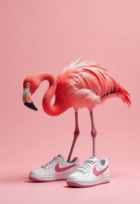 Description:

The image depicts a pink flamingo standing on a pair of white sneakers with a pink swoosh. The background is a soft pink, creating a cohesive and playful atmosphere. The flamingo's pose is dynamic, with its head lowered as if it's examining the sneakers.

Techniques:

Color Scheme: The image uses a limited color palette, with the focus on the bright pink of the flamingo and the soft pink background. The white sneakers add a contrasting element, creating visual interest.

Tones: The image has a low contrast, with the colors blending smoothly. This creates a calm and playful atmosphere.

Composition: The flamingo is positioned centrally in the image, drawing the viewer's attention. The sneakers act as a grounding element, anchoring the flamingo to the ground. The simple background allows the focus to remain on the flamingo and the sneakers.

Small Details:

The texture of the flamingo's feathers and the sneakers is well-rendered, creating a sense of realism.
The flamingo's pose and expression add a sense of curiosity and playfulness.
The contrast between the natural element of the flamingo and the man-made element of the sneakers creates a humorous and unexpected visual.
Overall, the image is a whimsical and humorous illustration that uses a simple composition and bold color choices to create a charming and endearing scene.