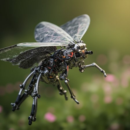 close-up of a mechanized butterfly mid-flight, wings crafted from translucent polymer over carbon struts with embedded LED tracer lines, thorax is a miniature mechanical core with articulated legs and exposed wiring, antennae made of flexible tubing tipped with micro-sensors, metallic exoskeleton in iridescent chrome and black, background is soft-focus meadow of neon flowers and reactive grass blades, motion blur and shallow depth of field for realism  








mg-mk.1
