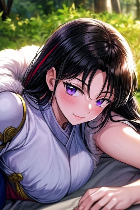 2girls, mother,  best quality 1girl Setsun4 solo long hair,  (night time) forest background black hair very long hair purple eyes multicolored hair armor (fur trim) (medium body),<lora:EMS-179-EMS:0.800000>,<lora:EMS-293862-EMS:0.800000> bow, hair_bow, hair_tubes, red_bow, brown_hair, long_hair, bangs, ascot, frilled_bow, yellow_ascot, blush, smile, hair_between_eyes, athletic, armor, miko, ,(((intricate outfit,intricate clothes,embroidered outfit,ornate outfit,embroidered clothes,ornate clothes))), laying down, lying down