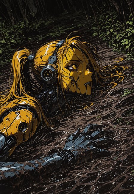 masterpiece, best quality, amazing quality,  high resolution, 1girl, solo, robot girl, (yellow body:1.2), muscular, high ponytail, sci-fi landscape, deadly swamp landscape,   DRKWB, submerged with only head and one arm visible, stuck in swamp,  mud, struggling,  side view, panicked, head focus, above neck, looking up, high angle