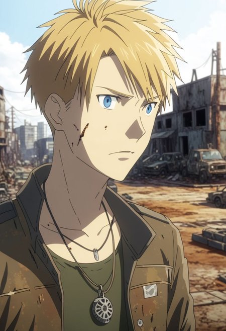 high resolution, professional photography, best quality, 1Boy, Yamato Ishida, blond hair, deep blue eyes, necklace, shallow depth of field, Post-Apocalyptic, survival, OverallDetail