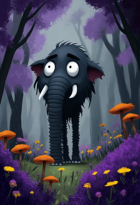 A whimsical illustration of an impossibly elongated elephant with stretched accordion-like legs and an extra-long coiled trunk, in dark whimsical art style, standing gracefully among purple lavender and yellow daffodils, digital painting with expressive brushstrokes and textured wrinkled skin, misty forest background with glowing purple and orange mushrooms scattered around, characteristic Tim Burton inspired design with huge curious silver eyes glowing in the twilight