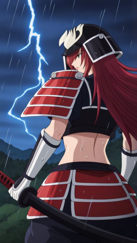 masterpiece, best quality, very aesthetic, absurdres, BREAK, 1girl, looking back,  cowboy shot, from behind, upper body, close-up, 
<lora:Samurai_Erza_Illu_Dwnsty:0.9>, erz_samurai, brown eyes, red hair, long hair, hair over one eye, kabuto (helmet), helmet, japanese armor, midriff, shoulder armor, sode, samurai, white gloves, muneate, sandals, 
large breasts, lips, calm, serious, holding weapon, katana, fighting stance, scabbard, novel illustration, vivid ligthning, dutch angle, squatting, arms at sides, 
outdoors, rain, wet skin, mountain, landscape, forest, nature, cliff, wind, night, cloudy sky, lightning, dark theme,