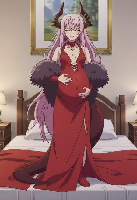 best quality, masterpiece, 4k, perfect lighting, very aesthetic, anime, anime coloring, official art, anime screencap,
bedroom, large pregnant belly, happy, smile, hand on belly,
Echidna, dragon girl,