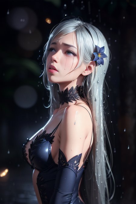 fashion photography portrait of a godness, 
in blue lush jungle with flowers and birds, 

3d render, cgi, symetrical, octane render, 35mm, bokeh, 9:16, (intricate details:1.12), hdr, (intricate details, hyperdetailed:1.15), (natural skin texture, hyperrealism, soft light, sharp:1.2, 

(busty:0.5) , Cried eyes, ((crying)), ((outdoor)), (Wet body), ((raining)) , bokeh, 
((background defocused)):1.2, (((depth of field))):1.2,  

<lora:freyaDanmachi_freyaV1:0.6>, solo female, perfect body, (1girl), innocent , hair ornament, silver eyes, long hair, tiles, silver hair, bare shoulders, elbow gloves,
