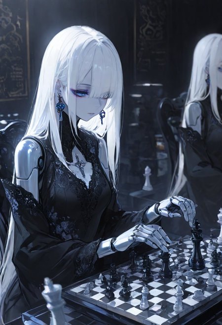 masterpiece, best quality, good quality, very awa, very aesthetic, absurdres, newest, 
Cinematic Lighting, (sexy, slutty, hot, aroused), 
Automaton, colored skin, robot girl, robot joints, white hair, blue eyes, long hair, metal_skin, barcode,
chessboard, intellectual, focused expression, floral pattern, detailed embroidery, seated, professional setting, concentration, thoughtful pose, competitive, background blur, chess pieces, earrings, subtle makeup, high-quality, elegant style, indoor, soft lighting, feminine, intelligence, strategy, game of chess, black dress, board game, looking at chessboard, intricate design, sophisticated atmosphere
