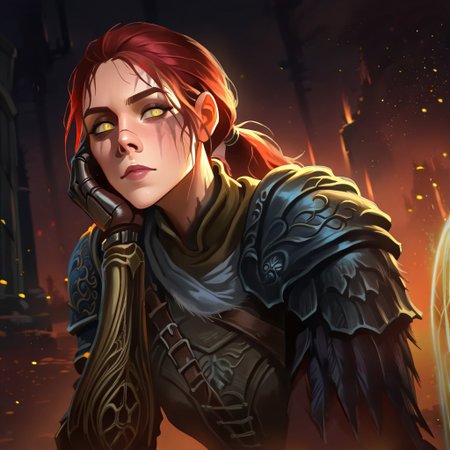 masterpiece, best quality, newest, absurdres, highres, Warbringersstyle-V1.0, solo, solo focus, 1girl, millicent \(elden ring\), yellow eyes, red hair, long hair, ponytail, scar, prosthetic arm, single mechanical arm