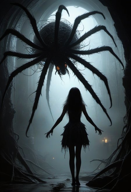 Horror-themed furry , (dramatic scene:1.4), (fractal art:0.4), fantasy style, dynamic angle
famous artwork by (winona nelson:1.2) and (justin sweet:1.3) and (antonio j. manzanedo:1.2) and (karl kopinski:1.1), (dramatic scene:1.1), (fractal art:1.1), 
1Girl,  a human posing with a giant Spider 
<lora:add-detail-xl:2> . Eerie, unsettling, dark, spooky, suspenseful, grim, highly detailed