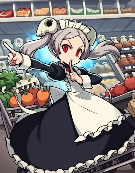 score_9, score_8_up, score_7_up, source_anime, <lora:skullgirls-marie-ingame-ponyxl-lora-nochekaiser:1>, marie, hair ornament, red eyes, twintails, skull, skull hair ornament, grey hair, forehead,, apron, maid, maid headdress, long sleeves, wrist cuffs,, grocery store, shopping cart, picking fruits, everyday life, , <lora:koi-dance-ponyxl-lora-nochekaiser:1>, koi dance, index finger raised, dancing, outstretched arm, pointing at viewer, pointing, pointing up,, looking at viewer, solo,, dutch angle, cowboy shot