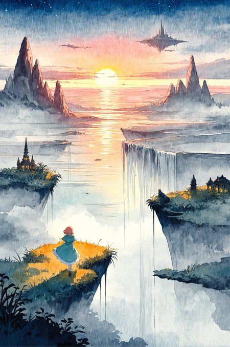 masterpiece, best quality, amazing quality, very aesthetic, high resolution, ultra-detailed, absurdres, newest, rim light, (watercolor_\(artwork\):1),<lora:WCXLN2dot0:0.5>, fantasy, landscape, floating island, waterfall, mist, fog, sunset,