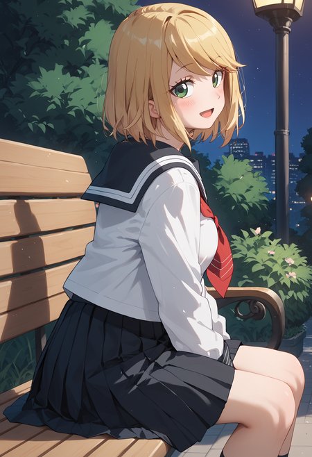 score_9, score_8_up, score_7_up, score_6_up, score_ANIME,desumi, 1girl, solo, blonde hair, green eyes, serafuku, smile, looking at viewer,  pleated skirt, long sleeves,  sailor collar, red neckerchief, closed mouth, swept bangs, standing, bob cut  <lora:magahara_desumi_pony2:1>, large breasts, black skirt, park, night,  sitting,  bench,  open mouth,  blush,  from side,