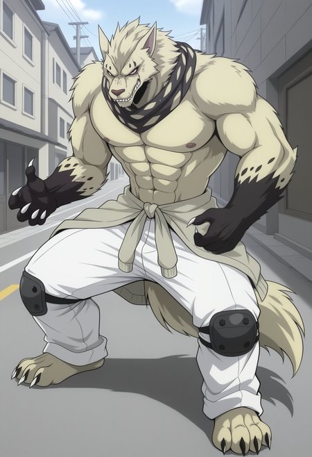 masterpiece,best quality,amazing quality, 1boy, solo, j4ck4l, furry, mismatched sclera, no pupils, red sclera, scar across eye, white sclera, polka-dot bandanna, jacket around waist, white pants, knee pads, tail, full body, outdoors,