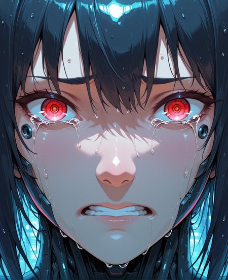 1women, sad, desperate, dispair, loss, hopeless, tears, crying, extreme close up, face focus, detailed eyes, lonley, terror, emotional, clenched teeth, sorrow, wet, wet hair,, masterpiece,best quality,amazing quality,, cybernetic, cyborg, Cyberpunk Style, cyberpunk, science fiction, hi tech, future tech, neon, <lora:cybernetic_ill:0.65>  <lora:Cyberpunk_Style:0.3>