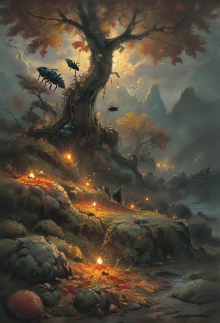 rainbow colors, colorful palette, autumn, close-up of mossy rotten tree and its roots with rotten fruits among them, fungal growth taking over, spores in the air, giant insects, leaves on the ground, evening, moody lighting, floating lights, extremely detailed, perfect composition, vibrant, hbao, extremely detailed, (perfect composition:1.2), superior color grading, (realistic:1.4), (panoramic composition:1.5), (evening photography:1.5), complementary colors, decaying atmosphere, vivid background, anime, magical fantasy, inspired by Maria Kreyn, negative space, cinematic, by Andreas Lie, Luke Gram, gorgeous light, midjourneyv6.1, painted world, style of Vincent van Gogh