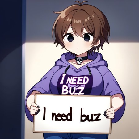 1boy, brown hair, wearing long collars, black eyes, emo style, delicate, baggy eyes, wearing a long collar, feminine,  blue pants, Otaku, feminine curves, purple t-shirt below, black nails, icon, skull symbol tshirt,, English text, Holding a sign that reads the text: "I need Buzz", handwritten text,