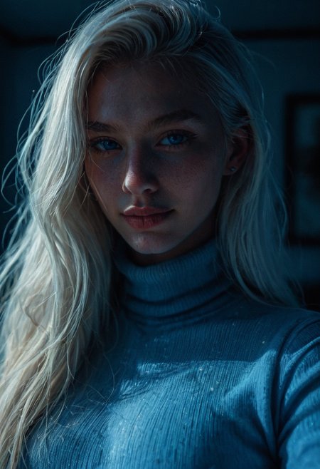 Masterpiece, best quality, amazing quality, award winning photo cowboy shot of a beautiful albino woman posing, bedroom,  majestic yellow wildflowers, white hair, dynamic lighting, cinematic still, pale skin, busty,screencap, skin texture, contemplative, smirk, piercing blue eyes, extremely long hair, sleek hair, portrait, dynamic pose, (blue turtleneck), 100mm f/2.8 macro lens, 
