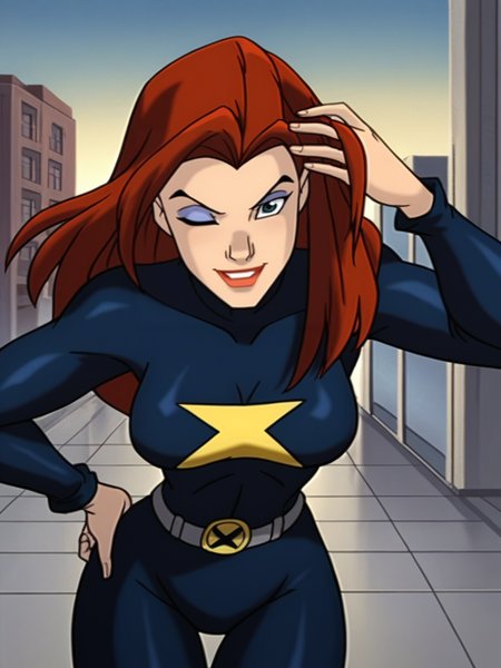 score_9,, 
1girl, superhero costume, (storm \(x-men\):1), one eye closed, makeup, bodysuit, medium breasts, wide hips, sexy, one hand on hips, one hand on hair, epic pose, looking at viewer, cowboy shot, dynamic pose, smile, wide shot, solo, portrait, city, leaning forward, head tilt, 
XmenEvo, flat color, official style, cartoon style, <lora:AXmenEvolutionXL_Style:1.1>