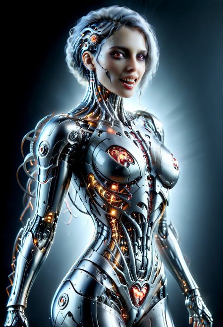photorealistic, Ultra-HD-details, masterpiece. Vampire woman, ((platinum color mechanical cyborg body, full robot body)), (dynamic pose), (best quality real texture skin), full body, highly detailed skin, big skin pores, (highly detailed face:1.0), (highly detailed eyes:1.0), dark gray eyes, smiles, open mouth, extra long big vampire fangs, (perfect anatomy:1.0), (perfect proportions:1.0), (photography:1.0), (photorealistic:1.0), real shadows, (highres:1.0), He holds a human heart in his hand, sharp focus, (realistic, hyperrealistic:1.0), intricate, high detail, big depth of field, vivid, sharpened, ((full Sharp))