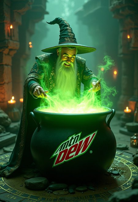 A photorealistic image of a wizard stirring a massive cauldron brimming with neon green liquid. The cauldron is bubbling vigorously, emitting streams of steam and magical sparks. The wizard's robes have the Mountain Dew logo prominently. 4K, high detail, masterpiece