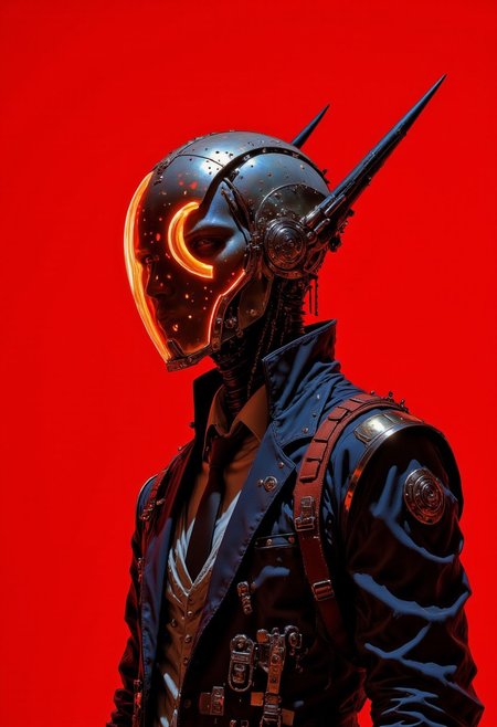 Hyper-realistic, futuristic illustration featuring a straight, upper body shot of a man in an urban-inspired, metallic-detailed suit. He wears a sharply tailored jacket, sleek shirt, and tie with streamlined edges. A high-tech utility belt at his waist holds small, intricate gadgets, enhancing his advanced, functional look. Atop his head rests a surreal chrome crown with elongated, glossy extensions that shimmer with subtle iridescence, adding a regal yet futuristic touch. His pale skin contrasts against a vivid red background illuminated by a retro, glowing film light, with red tints and subtle backlighting that bathes the scene in warm, nostalgic hues. He wears a striking, wraparound visor inspired by Cyclops from X-Men, which spans from temple to temple, sitting low across the bridge of his nose. The visor’s central band is translucent with a smoky red hue, featuring a vivid neon orange-red core that glows like a concentrated energy band. The edges of the visor are framed in polished chrome, with beveled, finely etched details adding sophistication. The lens itself has a faint mirrored finish, subtly reflective with holographic flecks that shimmer and shift as he moves. This sleek, futuristic eyewear blends seamlessly with his composed stance, creating a powerful, high-tech aesthetic against the glowing red backdrop. The intricate visor, paired with the urban suit, completes his enigmatic, modern look in ultra-detailed realism.