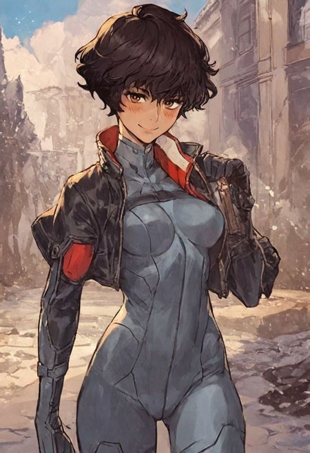 score_9, score_8_up, score_7_up, score_6_up, score_5_up, score_4_up,  <lora:RWSara01:1>, RWSara01, jacket, bodysuit, smile,  score_9, score_8_up, score_7_up, score_6_up, score_5_up, score_4_up, rating_questionable, , source_anime, digital illustration, pixiv, fanbox, uncensored, , BREAK, official art, 1girl, solo, Seductive Eyes, skinbodysuit, bodysuit, outdoors, blush, cowboy shot, looking at viewer, <lora:skinbodysuit e3-000009:0.75>, ng_deepnegative_v1_75t, easynegative, OverallDetail
