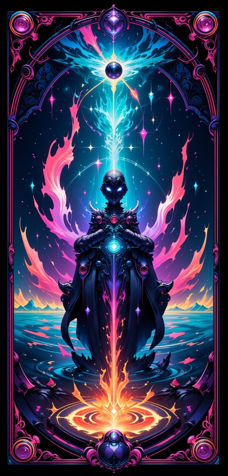A stylized Tarot card named 'The Celestial Mariner,' featuring a grand, futuristic galleon navigating the stars. The galleon, inspired by the legendary 'Lisette,' is crafted from a fusion of dark, polished wood and glowing, crystalline technology, with ethereal sails made of shimmering light that ripple like waves of energy. The ship sails through a vast, cosmic ocean filled with neon constellations and swirling galaxies, reflecting the boundless dreams of the universe. In the center of the card, 'The Celestial Mariner' stands poised, cloaked in a flowing robe that blends deep space blues with vibrant neon accents. Their face is obscured by a sleek, metallic mask, with glowing eyes that gaze into the infinite. They hold a luminous astrolabe, casting beams of light that map out the constellations in the surrounding space. The cardâs border is adorned with intricate, intertwining designs of ancient nautical symbols fused with futuristic circuitry, pulsating with a soft, otherworldly glow. The color palette is a balance of deep, subdued tones and vibrant neon highlights, creating a sense of mystical wonder and cosmic navigation, as if the card itself holds the key to unlocking the secrets of the stars.
<lora:abstract_render_flux:0.4>,<lora:Painted_World_Flux:0.8>,<lora:Dreamwave_FLUX:0.6>,<lora:dreamlands_flux:0.6>,
