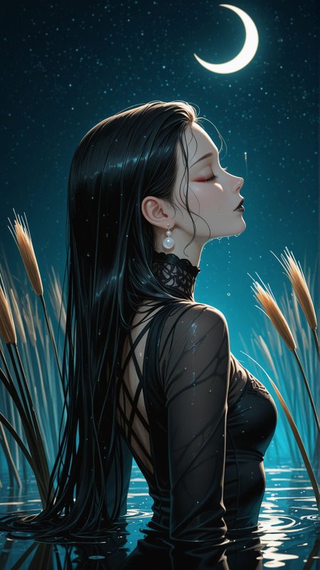 1woman, dark theme, (painterly:1.2, pastel \(medium\):1.3), portrait, <lora:add-detail-xl:1>
masterpiece,best quality, absurdres, 
black hair, long hair, wet hair, hair slicked back, (head tilted back), closed eyes, red eyeshadow, fading eyeshadow, black lips, closed mouth, black dress, tight dress, wet dress, long sleeves, hair behind ear, pearl earrings, water drops, water trail,
emerging from water, reflective water, tall reeds, moonlight, crescent moon, starry sky, elegant posture, soft shadows, eerie atmosphere, teal atmosphere, ethereal, mythical presence, gothic beauty, highly detailed, moody
from side, side profile