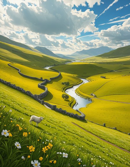 A breathtaking, high-resolution photograph of the rolling plains of Ireland, stretching endlessly under a vast, cloud-streaked sky. The landscape is a lush, vibrant green, with gentle hills covered in soft grass and dotted with scattered wildflowers. Ancient stone walls and winding dirt paths cut through the fields, marking old farmland boundaries. In the distance, a few solitary sheep graze peacefully, their white wool contrasting against the emerald grass. A small, clear river meanders through the valley, reflecting the soft light of the sky. The horizon is framed by low, misty mountains, adding depth and mystery to the scene. Above, the sky is a mix of bright blue and fluffy white clouds, casting dynamic shadows across the landscape as beams of sunlight break through. The atmosphere is serene, timeless, and rich with the natural beauty of the Irish countryside.
<lora:SDXLFaeTastic2400:0.4> <lora:extremely_detailed:0.4> extremely detailed,rolling plains of 1r3l4nd, <lora:rolling_plains_of_1r3l4nd-i:1>, Masterpiece,best quality,hi res,8k,hi res,8k,award winning,(sharp focus, intricate, highly detailed),