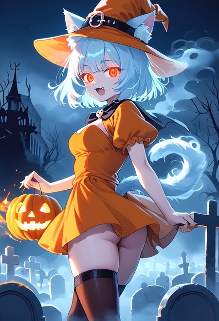 (masterpiece), (score_9, score_8_up, score_7_up,source_anime), 4K8K, 
(from behind:1.3), misty, steam, fog, skull object,  Floating Halloween pumpkins, 
halloween, halloween fantasy, (ais-ghostly, ghostly Owl), 
Japanese cute woman, crossed legs, turn around, (solo), burning pumpkin, Fire Ball spell casting, (dark aura:1.4), open mouth, Canine, tooth, fang, cat tails, 
(medium figure:0.9), (pointy breasts:1.1), 
(opal hair, bob cut hair), (red glowing eyes, slanted eyes:1.2), 
(wearing orange Witch Costume, witch, orange dress, orange hat, zettai ryouiki, orange garterbelt,  thighhighs:1.2), 
(in Foggy graveyard at dark night:1.3), nekomata, cat girl, cat ears, animal ears, animal ear fluff,