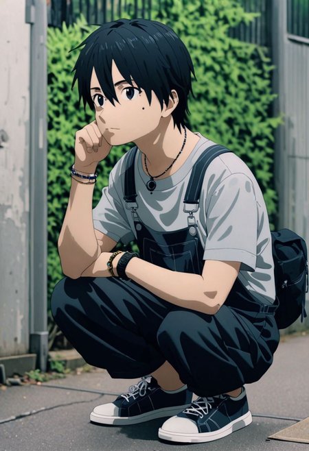 high resolution, professional photography, best quality, 1Boy, Kirigaya Kazuto, Black Hair, Black Eyes, overalldetail, lofi, candid, squat, depth of field, shirt, photo model, looking at viewer, bracelet, necklace, sneakers