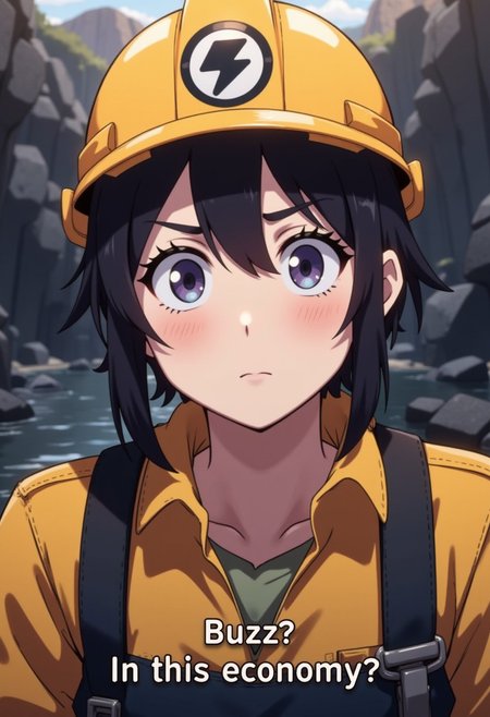 masterpiece, best quality, highly detailed, score_9, score_8_up, score_7_up, 
Anime mine worker looking puzzled at the viewer, caption at the bottom that says "Buzz? In this economy?"