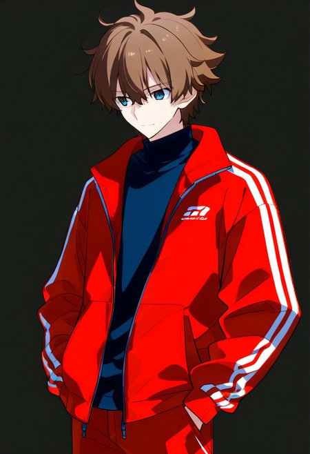 (score_9, score_8_up, score_7_up, source_anime), ((solo)), calm, closed mouth, 1boy, solo, peaceful, closed mouth, small smile, lazy, ((oreki_houtarou)), masculine, brown hair, blue eyes, short hair, ((spiky hair, pointy hair, messy hair)), hair between eyes, red tracksuit, red tracksuit, tracksuit jacket, red jacket, plain jacket, open jacket, black shirt, collard shirt, plain shirt, red trousers, hands in pockets, no background, dark background, cowboy shot, dark background, portrait, prototype design, Expressiveh, takeuchi takashi