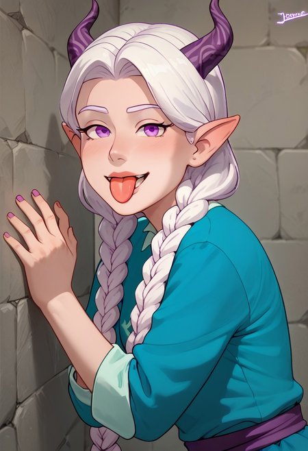 score_9, score_8, score_7, score_6,
Jhiacco, solo, ((Lujanne)), Elf, Moonelf, Horns, Long Twin Braids, White Hair, looking at viewer, leaning against marble wall, sticking tongue out, purple eyes,