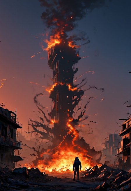 Masterpiece, 4k, ultra high detail, 
Dark sky, burning sky, nighttime, night, burning skyscrapers, destoyed skyline, 
 Apocalyptic scene, burning skyscrapers, burning city, destroyed cars, Collapsing buildings, 
End of the World, 
negative_hand, NightScapes,