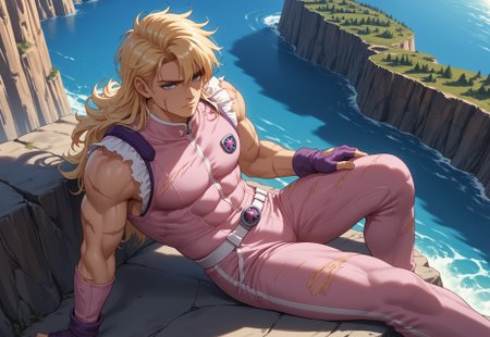 score_9, score_8_up, score_7_up, masterpiece, cephalbiorepdxl, 1boy, male focus, toned male, blue eyes, wavy long hair, blonde hair, purple fingerless gloves, sleeveless pink bodysuit, torn sleeves, scars, (highly detailed:1.2), (intricate:1.2), (best quality:1.2),(8k:1.2), (sharp:1.2), (majestic:1.2), natural lighting, detail++,  mediterranean backdrop, sat down, sitting, cliffs, from above